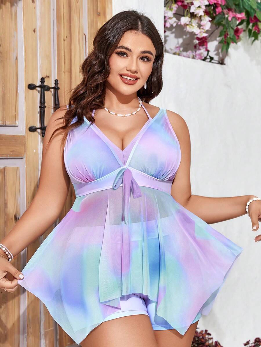 SHEIN Swim 大尺寸漸層色不對稱下擺繫帶背心和短褲比基尼套裝嘉年華 - 彩色 - 查看 1