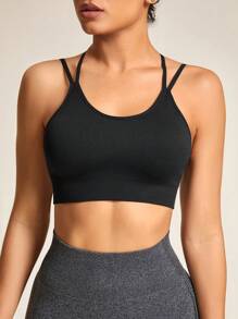 SHEIN Sports Women's Seamless Cross Back Sports Tank Top Gym Top - Black - View 2