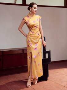 MOTF PREMIUM 編織女性花卉印花連衣裙,側邊拉皺及大腿高平分裙 - 橘色 - 查看 4