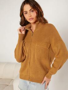 Hauture Double Zip Drop Shoulder Cardigan - Apricot - View 5