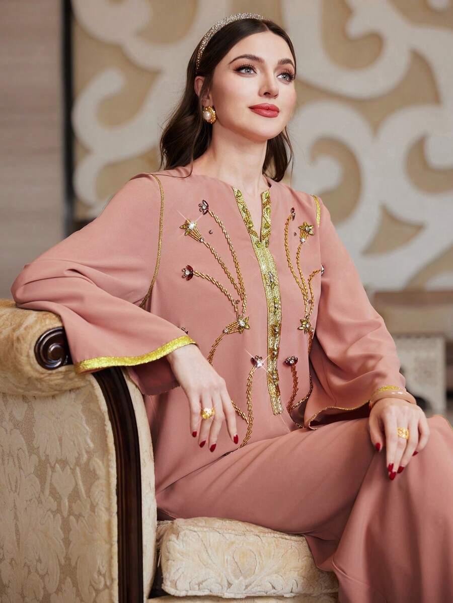 Al Najma Long Sleeve Color Block Dress With Rhinestone Decoration - Pink - View 1