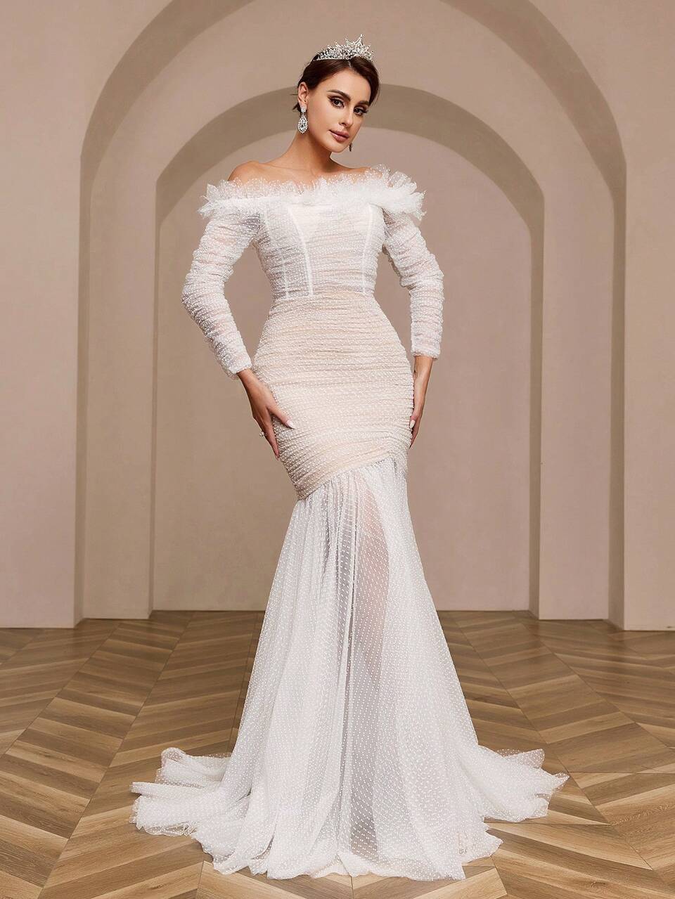 White Spring Elegant Grad Wedding,Stereoscopic Floral One Shoulder Long Sleeve Mesh See Through Flesh Color Lining Slim Fishtail Wedding Dresses