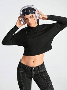 Gameset SHEIN Sport 女款純色連帽長袖運動衛衣 - 黑色 - 查看 1