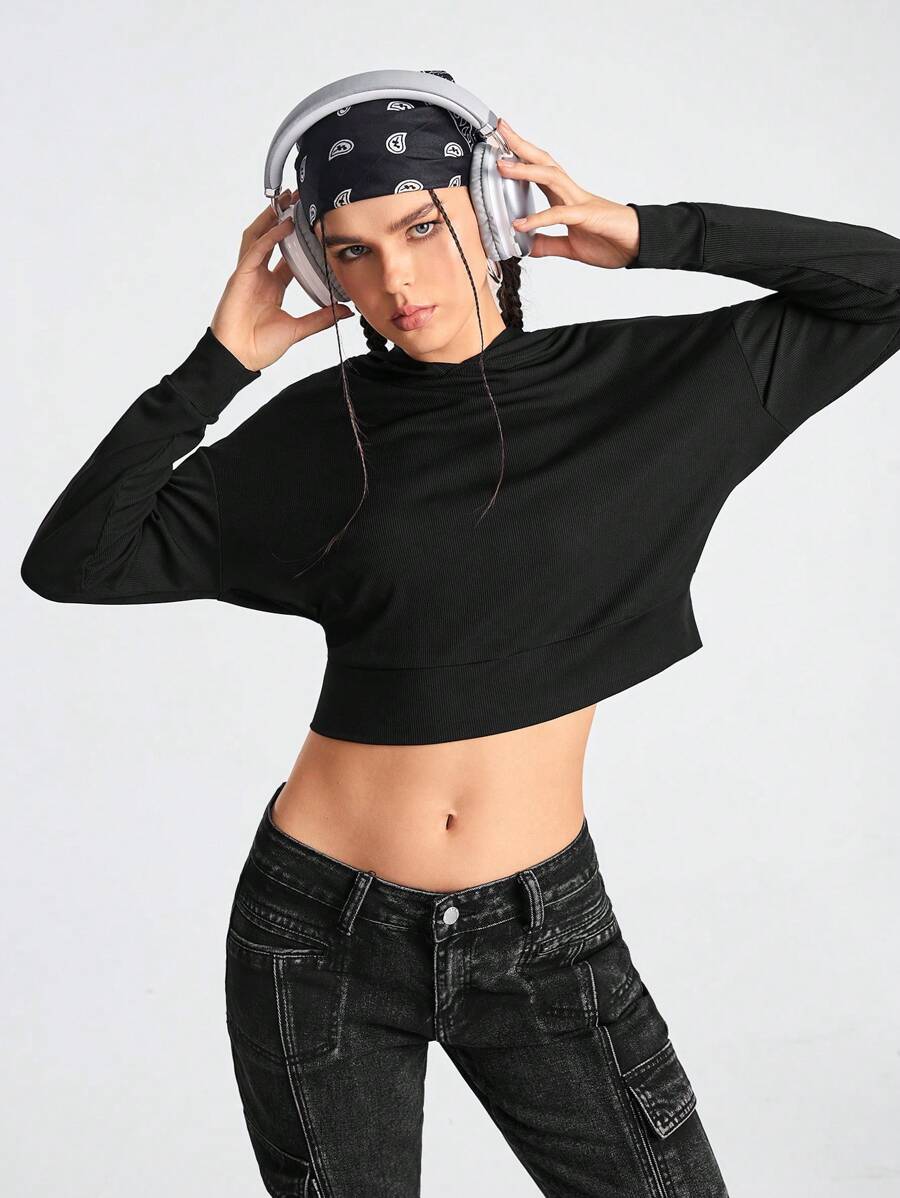 Gameset SHEIN Sport 女款純色連帽長袖運動衛衣 - 黑色 - 查看 1