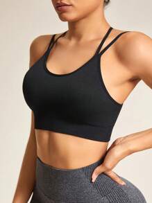 SHEIN Sports Women's Seamless Cross Back Sports Tank Top Gym Top - Black - View 5