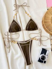 SHEIN Swim 夏季沙灘單色金屬鏈頸掛比基尼套裝 - 棕色 - 查看 4