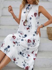 SHEIN LUNE Women's Floral Print Sleeveless A-Line Midi Dress Summer - White - View 3