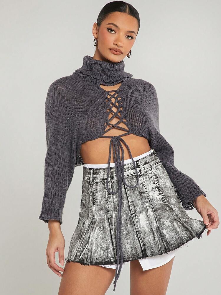 Lace Up Tie Turtleneck Crop Sweater