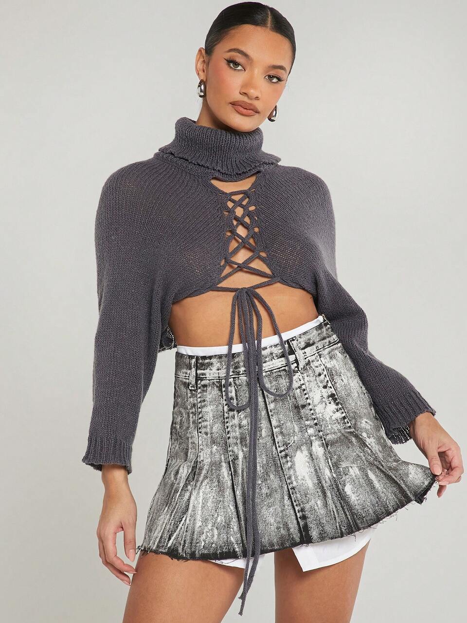 Lace Up Tie Turtleneck Crop Sweater