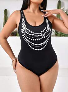 Allurite Pearl Beaded Print Round Neck Bodysuit - Black - View 3