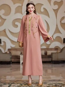 Al Najma Long Sleeve Color Block Dress With Rhinestone Decoration - Pink - View 4