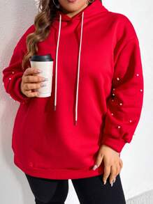 SHEIN CURVE+ Áo nỉ nữ cỡ lớn với dây rút đính hạt - Đỏ - Xem 1