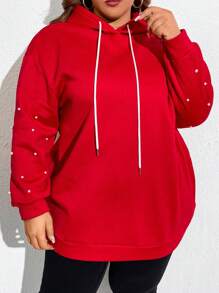 SHEIN CURVE+ Áo nỉ nữ cỡ lớn với dây rút đính hạt - Đỏ - Xem 5