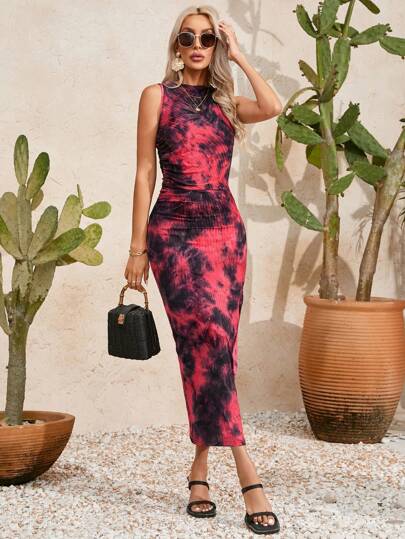 GENKIRA Ladies' Tie-Dye Round Neck Sleeveless Dress