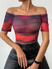 SHEIN Privé Schulterfreies Kurzarm-oberteil Mit Batikmuster Für Damen