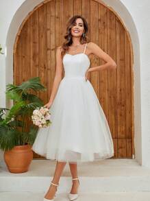 YUMIBRAVO 女士优雅简约纯色网眼细肩带婚纱，新娘 - 白色 - 查看 5