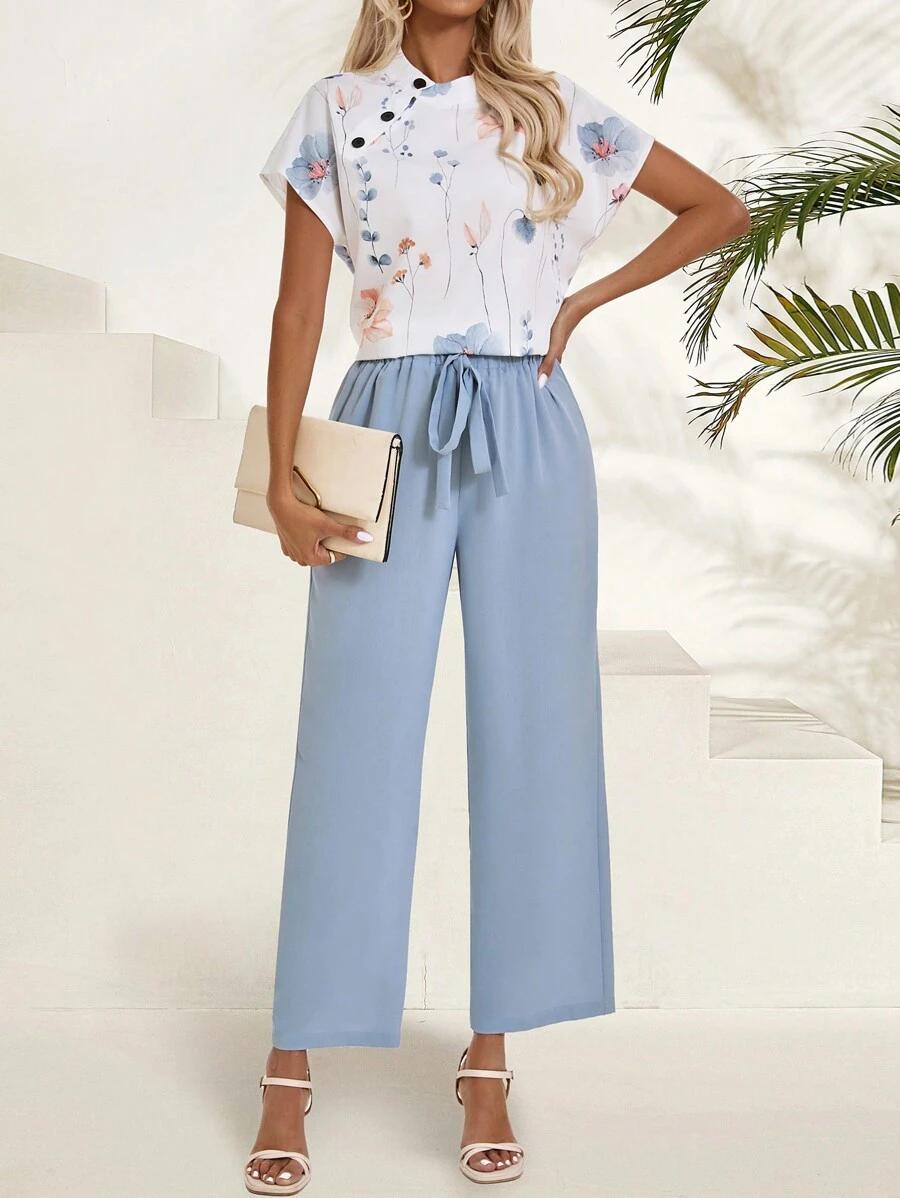 EMERY ROSE Floral Print Button Detail Batwing Sleeve Shirt + Belted Pants Set Summer - Blue - View 1