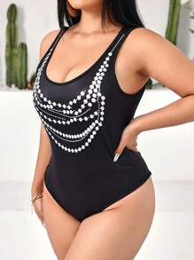 Allurite Pearl Beaded Print Round Neck Bodysuit - Black - View 6