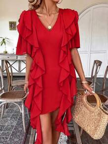 Breezaya Women's Short Sleeve Patchwork Ruffle Edge Dress