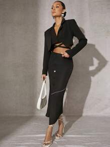 SHEIN Unity Asymmetrical Button Contrast Skirt - Black - View 4