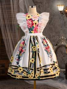 補間女童圓領水滴袖上衣+花朵圖案a字裙兩件套 - 彩色 - 查看 1