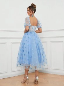 SHEIN Belle 女士浪漫優雅藍色心形亮片圖案網紗泡泡袖甜心領半透結構氣泡裙，適合音樂節、畢業季、正式酒會晚禮服 - 淺藍色 - 查看 6