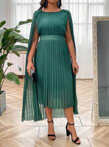 SHEIN Clasi Solid Color Casual Round Neck Cape Sleeve Pleated Dress - Green - View 4
