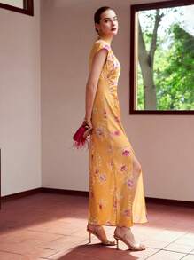 MOTF PREMIUM 編織女性花卉印花連衣裙,側邊拉皺及大腿高平分裙 - 橘色 - 查看 8