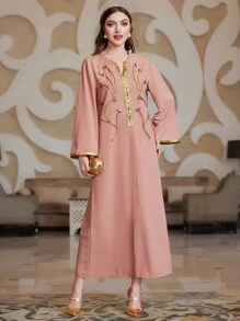 Al Najma Long Sleeve Color Block Dress With Rhinestone Decoration - Pink - View 3