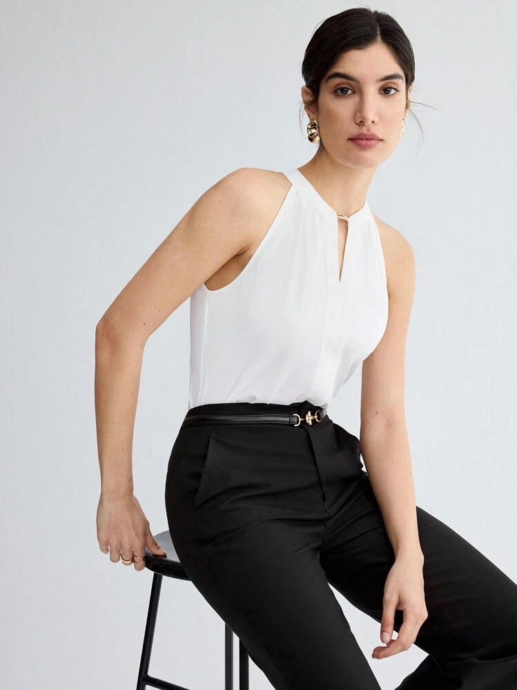 BizChic Camiseta sin hombros de unicolor con escote entallado, versátil, adecuada para el transporte urbano, la oficina, el estilo casual de negocios, las fiestas y otras ocasiones - Blanco - Añade 9