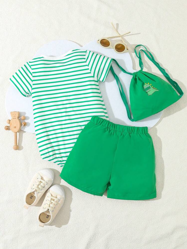 Baby Boy's Striped Dinosaur Print Short Sleeve Bodysuit And Shorts Set With Bag, Summer