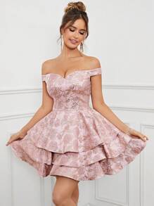 SHEIN Belle Lãng mạn , Thanh lịch & Cao quý Vải Jacquard , Off-shoulder Đầm tiệc rượu Với Viền đa lớp & Ruffle Chi tiết - Hồng - Xem 1