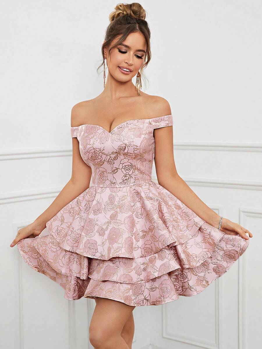 SHEIN Belle Lãng mạn , Thanh lịch & Cao quý Vải Jacquard , Off-shoulder Đầm tiệc rượu Với Viền đa lớp & Ruffle Chi tiết - Hồng - Xem 1