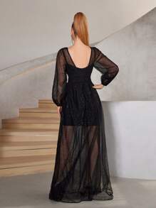 SHEIN Belle Đầm lưới xuyên thấu màu đen thanh lịch, lãng mạn và sang trọng Váy lưới dài tay đính sequin xếp li trong mờ Váy viền chữ A cỡ lớn ngày lễ Lễ tốt nghiệp Lễ phục sinh Váy dạ hội công nghiệp nặng - màu đen - Xem 6