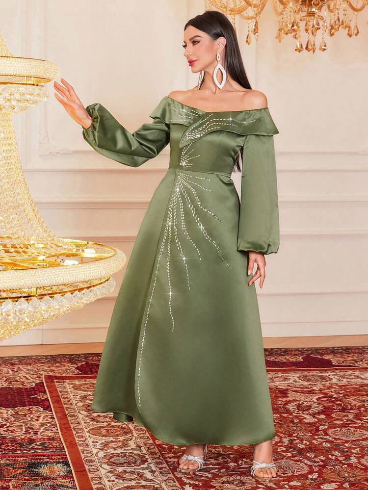 Women's Off-Shoulder Lantern Sleeve Dress With Rhinestones Decoration Long Evening Dresses