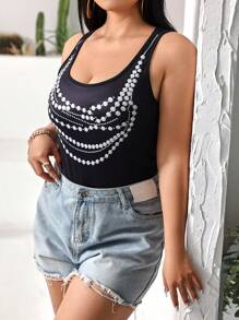 Allurite Pearl Beaded Print Round Neck Bodysuit - Black - View 2