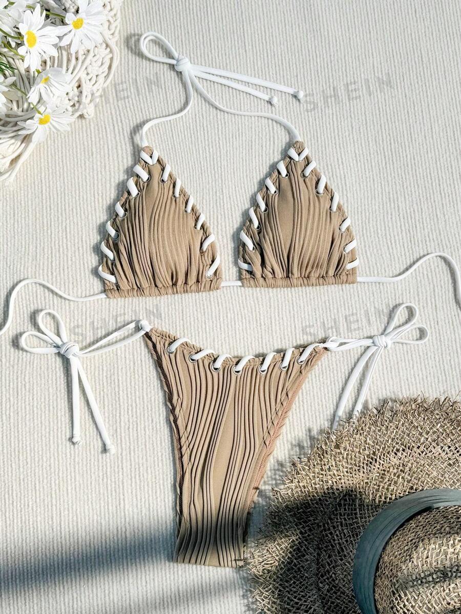SHEIN Swim Conjunto de bikini de mujer con cuello halter de playa de verano y nudos laterales