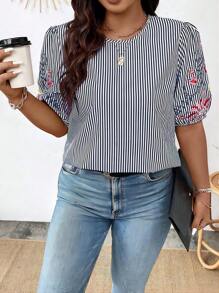 Breezaya 条纹花卉刺绣泡泡袖夏季波西米亚风衬衫 - 藏蓝色 - 查看 4