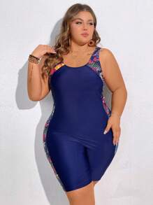 SHEIN CURVE+ Plus Size Summer Beach Tropical Plant Print One-Piece Swimsuit