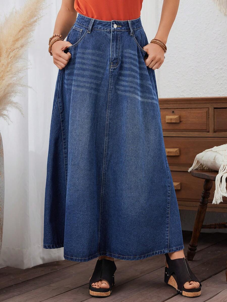 SHEIN LUNE Women's Denim Skirt With Pockets - Dark Wash - View 1