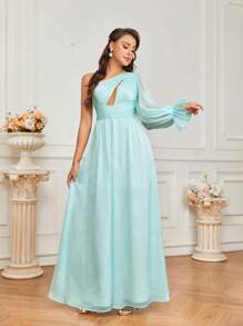 SHEIN Belle Women's Formal Dress With Pleated Design, Hollow Out Chest, Lantern Sleeves And Ruffled Details (Heavy Style)