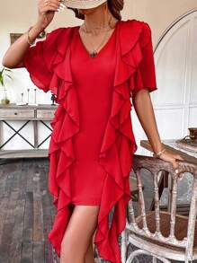 Breezaya Women's Short Sleeve Patchwork Ruffle Edge Dress