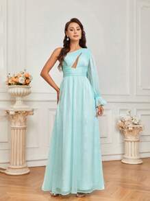 SHEIN Belle Women's Formal Dress With Pleated Design, Hollow Out Chest, Lantern Sleeves And Ruffled Details (Heavy Style)