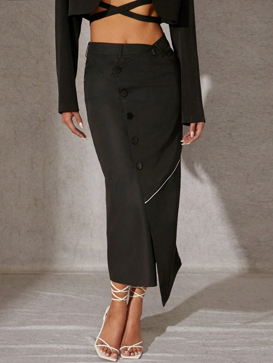 SHEIN Unity Asymmetrical Button Contrast Skirt - Black - View 1