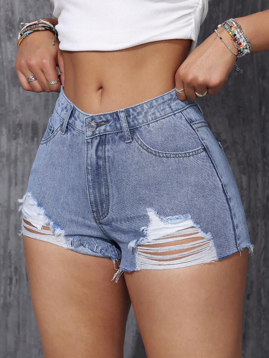 SHEIN EZwear 女式休閒破洞牛仔短褲,適合日常穿著 - 淺色水洗藍 - 查看 1
