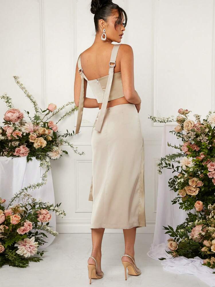 Colorblock Satin Top & Wrap Skirt Two Piece Set