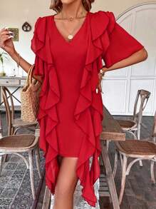 Breezaya Women's Short Sleeve Patchwork Ruffle Edge Dress