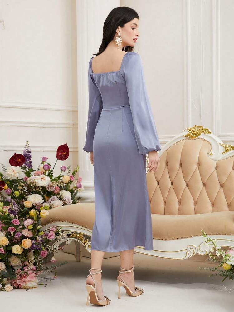 Women's Lantern Sleeve Dress With Front Tie Design Long Evening Dresses
