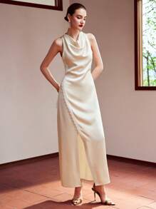 MOTF PREMIUM Vestido De Cuello Alto De Mujer Con Tejido, Botones Y Abertura En El Dobladillo - Albaricoque - Ver 4