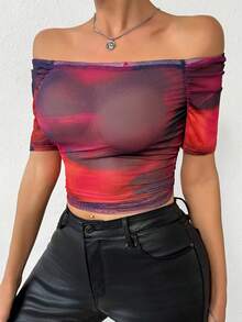 SHEIN Privé Schulterfreies Kurzarm-oberteil Mit Batikmuster Für Damen